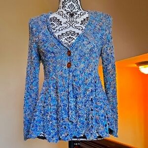 Free People Blue Knit Cardigan with Wooden Buttons